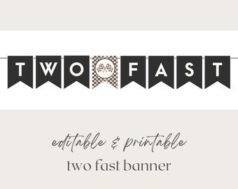 Pancarta de cumpleaños imprimible "DOS RÁPIDOS", guirnalda de fiesta de carreras editable, decoración "Dos rápidos", plantilla de pancarta de fiesta de autos retro vintage en blanco y negro