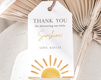 Sonnenschein-Babyparty-Dankeschön-Tag, bearbeitbarer kleiner Sonnenschein ist auf dem Weg zu Gastgeschenken, minimalistisches Sonnen-Babypartydekor, digitaler Download