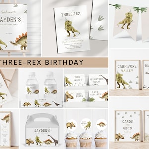 Editable Three-Rex Birthday Invitation Bundle, Dinosaur 3rd Birthday Party Invite, Dino Party Invite + Decoration Template, Digital Download