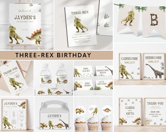 Editable Three-Rex Birthday Invitation Bundle, Dinosaur 3rd Birthday Party Invite, Dino Party Invite + Decoration Template, Digital Download