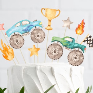 Printable Monster Truck Cake Toppers, Green Blue Monster Truck Birthday Toppers, Truck Racing Boy Birthday Cake Decoration, Digital Download