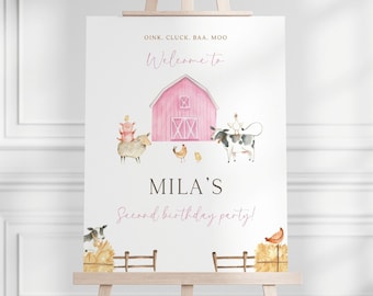 Könnte beinhalten: Ein rosa Scheune mit einem weißen X an der Tür, umgeben von Bauernhoftieren, darunter eine Kuh, ein Schwein, ein Schaf und Hühner. Der Text "Oink. Cluck. BAA. Moo. Welcome to Mila's Second birthday party!" ist auf dem weißen Hintergrund gedruckt.