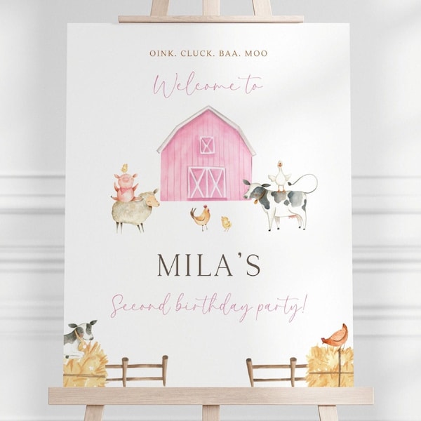 Pink Barn & Farm Animals Birthday Welcome Sign, Editable Barnyard B'day Party Welcome Sign, Girl Farm Animals Party Decor, Digital Download