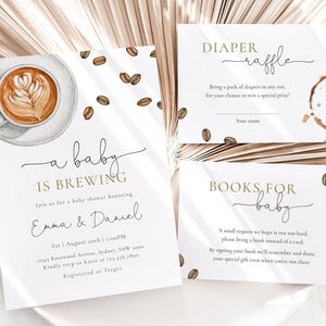Invitación &quot;Un bebé está en ciernes&quot;, invitación editable para baby shower con café, tarjeta para rifa de pañales, invitación con granos de café, descarga digital