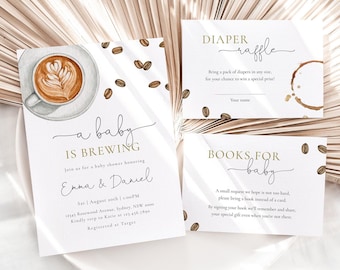 A Baby Is Brewing Invitation, Editable Coffee Baby Shower Invite, Coffee Themed Diaper Raffle Books for Baby Card Bundle, Digital Download