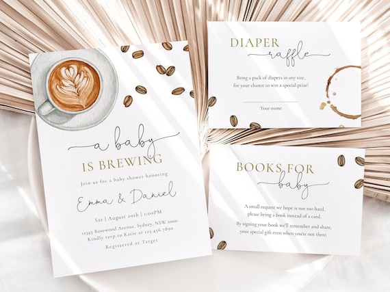 A Baby Is Brewing Invitation, Editable Coffee Baby Shower Invite, Coffee Themed Diaper Raffle Books for Baby Card Bundle, Digital Download