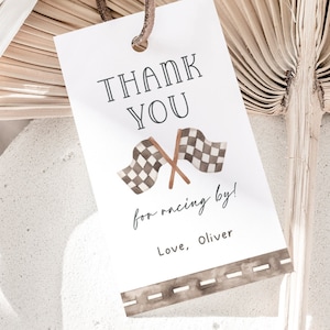 Racing Party Favors Tag, Editable Template, Vintage Race Flags Birthday Thank You Tag, Race Car B&#39;day Swing Tag, Two Fast, Digital Download