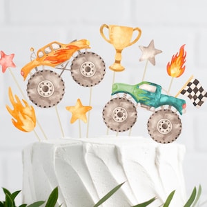 Monster Truck Cake Toppers, Orange & Green Monster Truck Party, Printable Cake Decoration, Racing Monster Trucks Birthday, Digital Download