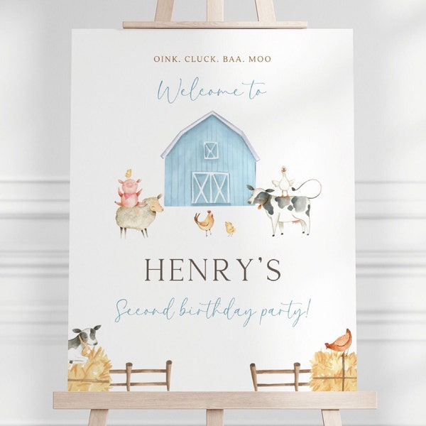 Blue Barn Farm Animals Birthday Welcome Sign, Editable Barnyard B'day Party Welcome Sign, Boy Farm Animals Party Decor, Digital Download