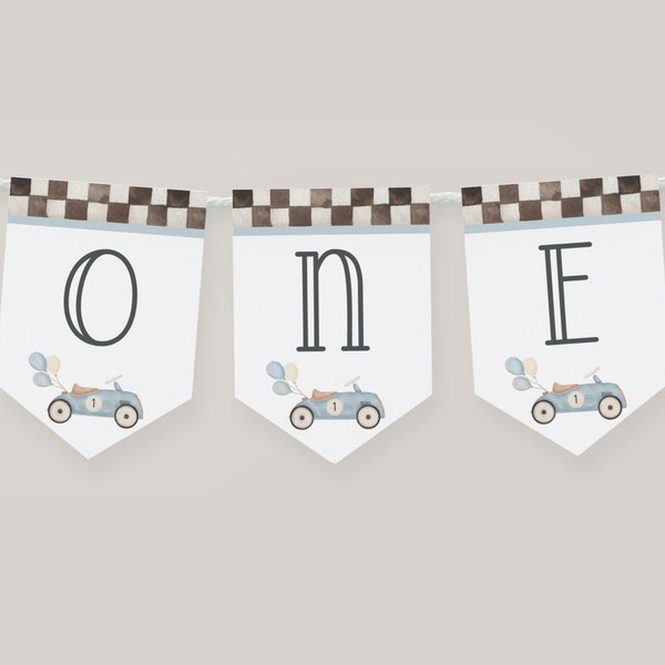 Racing 1st Birthday ONE High Chair Banner, Editable Race Car & Balloons B’day Banner, Baby Blue Vintage Car Party Decor, Digital Download
