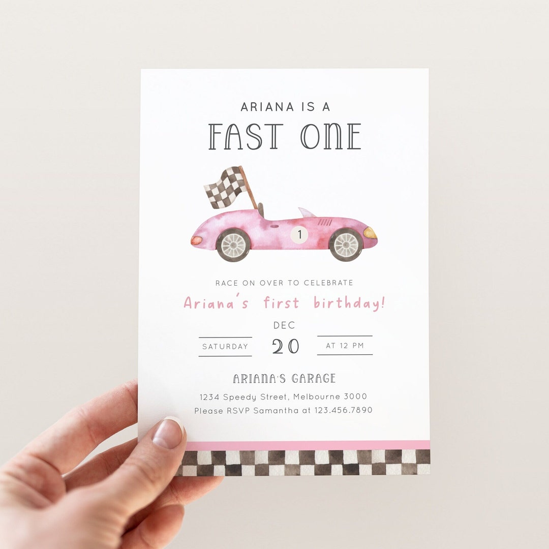 Pink Race Car First Birthday Invitation, Editable Template, Girl Fast ...
