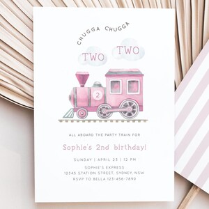 May include: Pink train birthday party invitation with the text "Chugga Chugga Two" and "Sophie's 2nd birthday!"  The invitation includes the date, time, and location of the party.