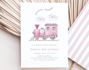 Chugga Chugga Two Two Pink Train Convite de aniversário, Girl Pink Train 2nd B'day Invitation, Pink Choo Choo Train B'day Party, download digital