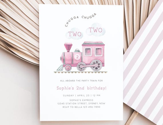 Chugga Chugga Two Two Pink Train Birthday Invitation, Girl Pink Train 2nd B'day Invite, Pink Choo Choo Train B'day Party, Digital Download