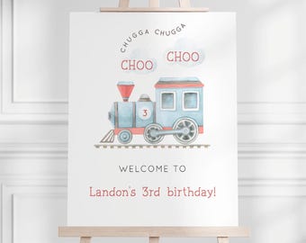 Train Birthday Welcome Sign, Editable Template, Chugga Chugga Choo Choo Train B'day Decor, Blue Train Party Sign, Digital Download