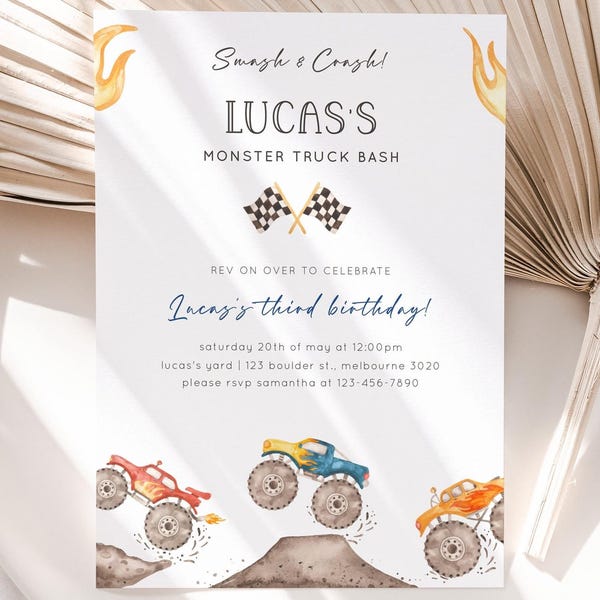 Monster Truck Invitation, Editable Template, Any Age Birthday Party Invite, Red Blue Green Truck, Monster Jam Car Invite, Digital Download