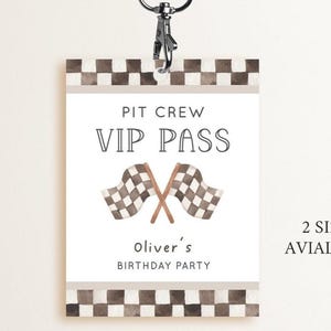 Racing Pit Crew Pass, bearbeitbare Vorlage, Rennwagen-Geburtstagsparty-Tag-Dekor, druckbarer VIP-Crew-Pass, Rennflaggen-Crew-Tag, digitaler Download