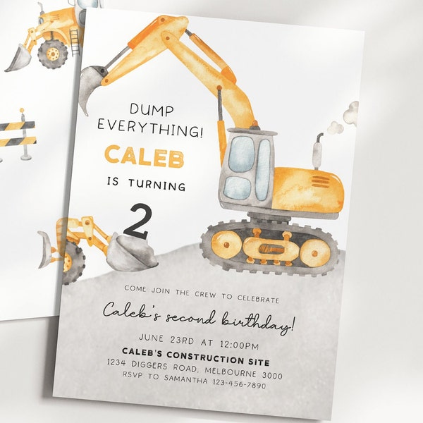 Editable Construction Birthday Invitation, Any Age Excavator Truck Party Invite, Boy Bday Party, Digger Truck 2nd Bday, Digital Download