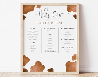 May include: A printable poster with a cow print background and the text "Holy Cow Bailey is One". The poster lists the child's favorite things, including foods, books, and toys.