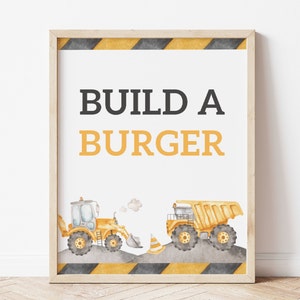 Placa para construir um hambúrguer, modelo editável, decoração de placas para festa de aniversário com caminhões de construção, placa para construir seu próprio hambúrguer, download digital