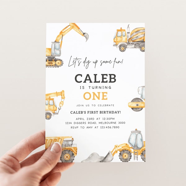 Construction 1st Birthday Invitation, Editable Any Age Construction Trucks B'day Party Invite, Boy Digger B'day Party, Digital Download