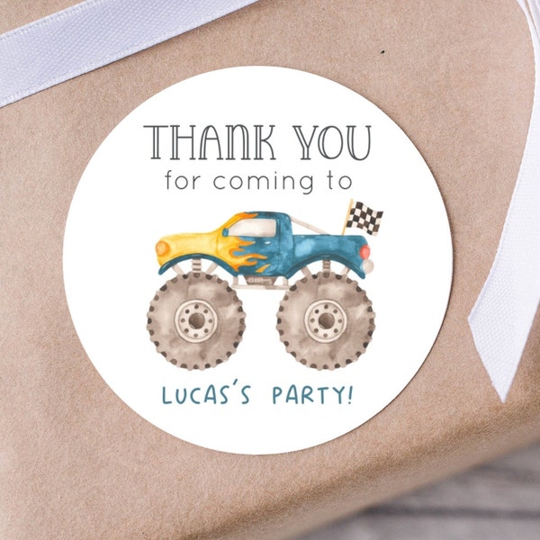 Editable Monster Truck Party Favors Stickers, Blue Monster Truck Thank You Labels Template, Racing Trucks Birthday Label, Digital Download