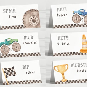 Bearbeitbare Monster Truck Food Tent-Etiketten, Monster Truck Party Tischdekoration, blaue & grüne Monster Truck Tischkarten, digitaler Download