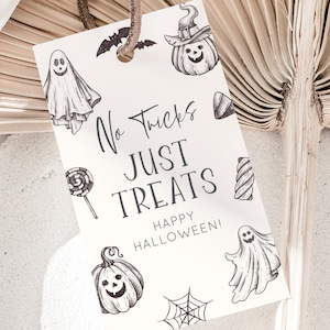 Happy Halloween gunsten tag, bewerkbare sjabloon, geen trucs behandelt alleen label tag, Boho Happy Halloween Party gunsten tag, digitale download