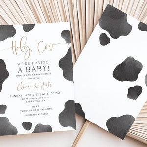 Holy Cow Baby Shower Invitation, Editable Template, Cow Themed Baby Shower Invite, Books For Baby & Diaper Raffle Set, Digital Download image 5