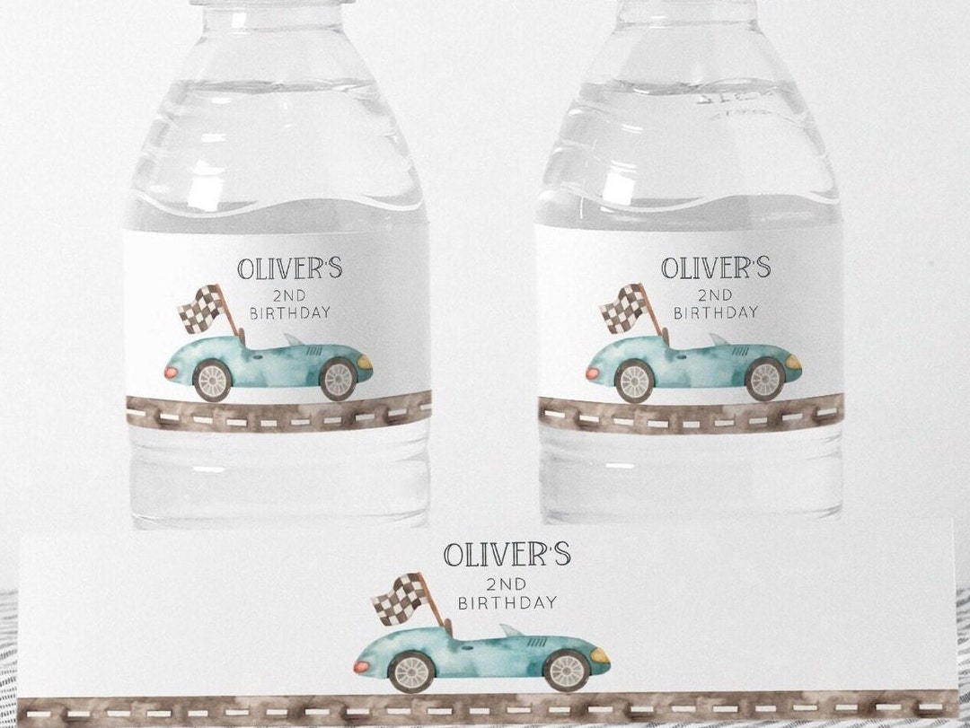 Saltstick Label Race Car Water Bottle Label, Editable Vintage Blue Car Birthday Party ...