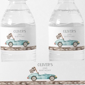 Race Car Water Bottle Label, Editable Vintage Blue Car Birthday Party Wraps, Printable Racing Car Wrapper, Two Fast Birthday Decor C9