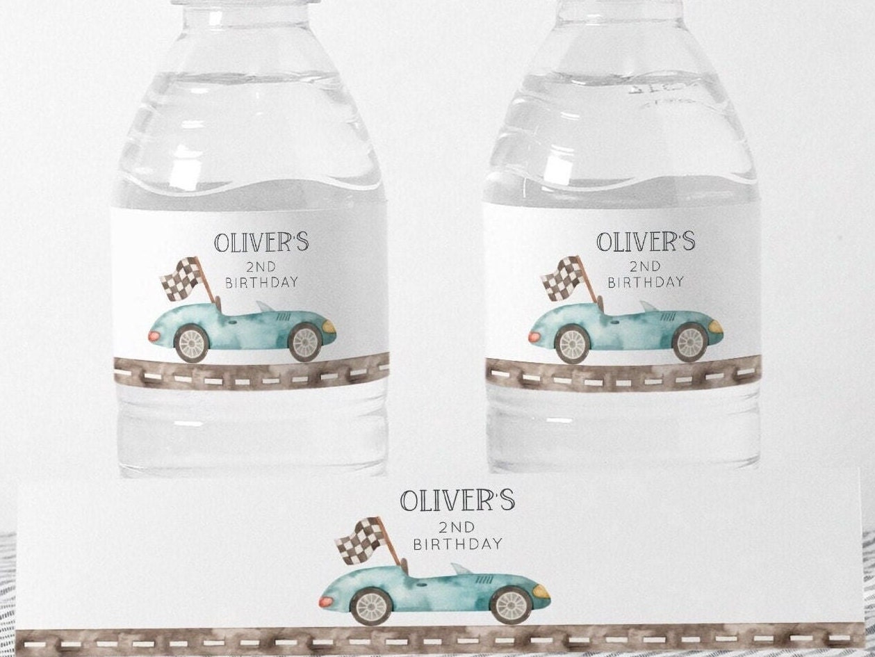 Race Car Water Bottle Label, Editable Vintage Blue Car Birthday Party Wraps, Printable Racing Car Wrapper, Two Fast Birthday Decor C9