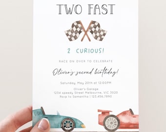 Two Fast 2 Curious Birthday Invitation, Editable Template, Vintage Race Car Party, TWO Fast Racing Car 2nd Birthday Party, Digital Download