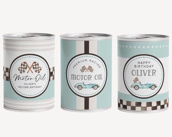 Etichetta modificabile per lattina di olio motore da corsa, etichetta decorativa per lattina di olio motore per auto vintage blu, due decorazioni per feste di compleanno a tema auto da corsa veloci, download digitale