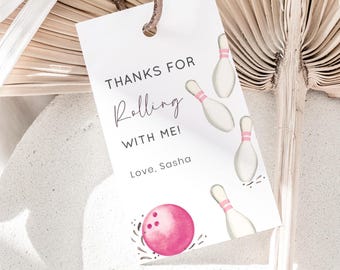 Girl Bowling Birthday Thank You Tag, Editable Pink Bowling Ball Party Favor Tag, Roll On Over Strike Up Some Fun B'day, Digital Download