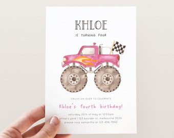 Pink Monster Truck Invitation, Editable Template, Racing Trucks Birthday Invite, Pink Truck Party, Girl Monster Truck, Digital Download