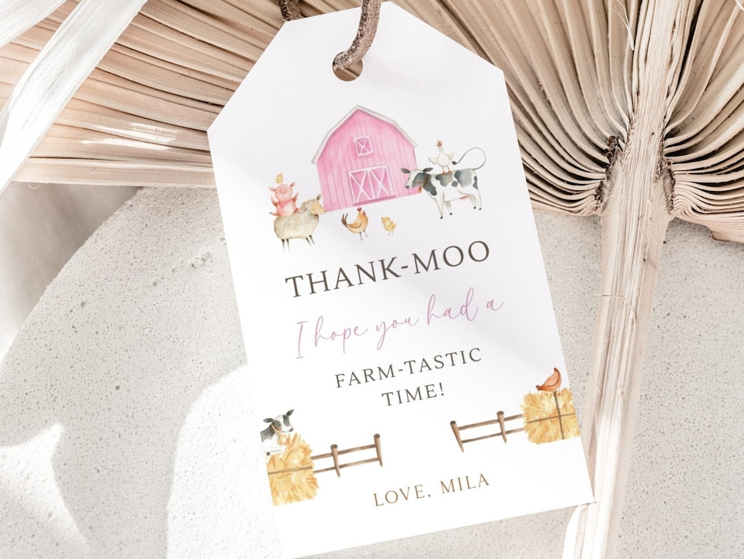 Editable Pink Farm Thank You Tag, Girl Farm Birthday Party Gift Tag ...