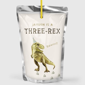 Editable Dinosaur Juice Pouch Label, T-Rex Birthday Capri Sun Drink Wrapper, Three Rex Dino B&#39;day Party Juice Label Decor, Digital Download