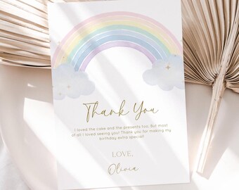 Tarjeta de agradecimiento con arcoíris pastel, plantilla editable, nota de agradecimiento de cumpleaños con arcoíris apagado, fiesta de cumpleaños con arcoíris, descarga digital