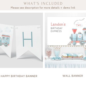 May include: A blue and red train birthday banner with the text "Landon's Birthday Express" and "Chugga Chugga Two Two". A second banner with the letter "H" is also included.