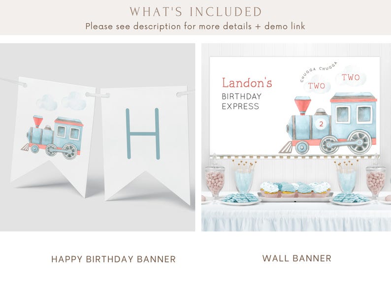 May include: A blue and red train birthday banner with the text "Landon's Birthday Express" and "Chugga Chugga Two Two". A second banner with the letter "H" is also included.