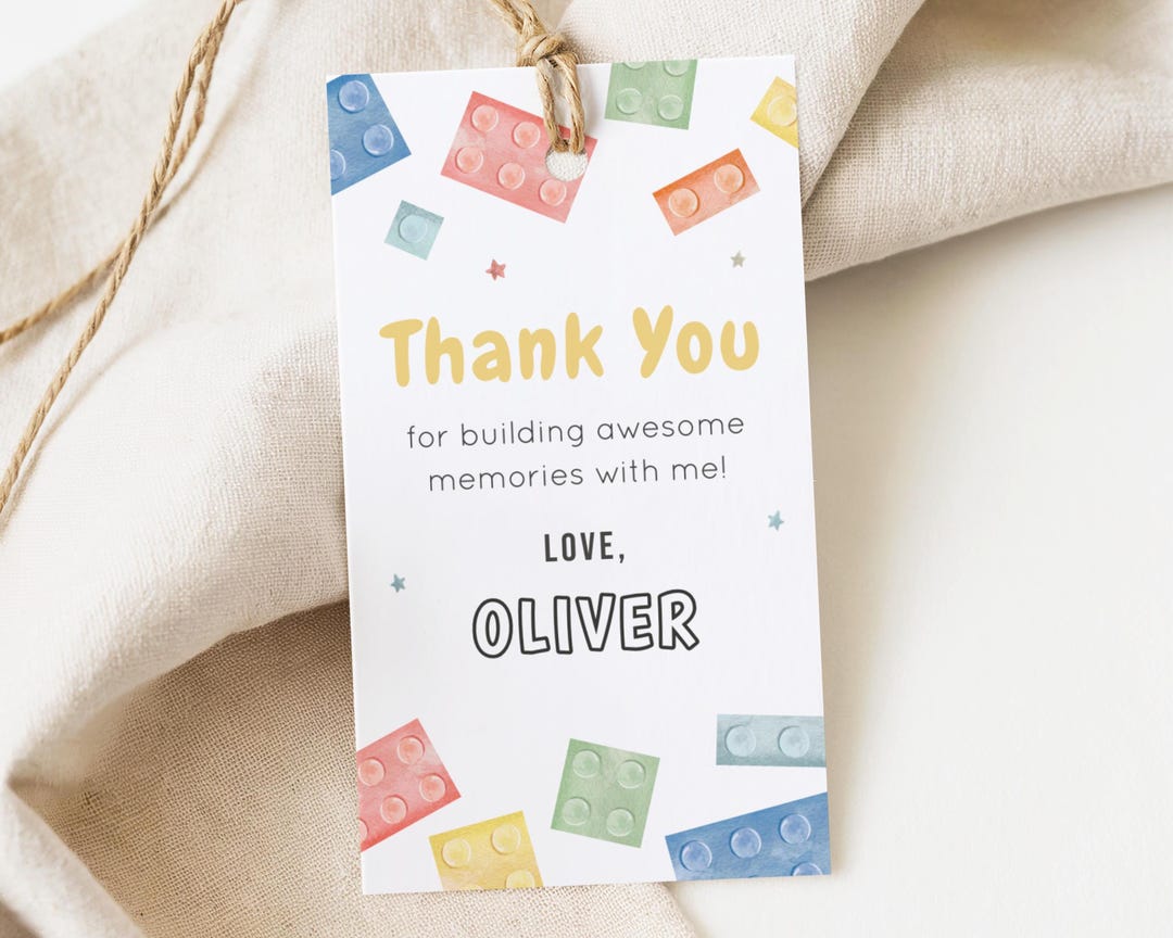 Building Blocks Birthday Thank You Tag, Editable Template, Watercolor ...