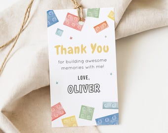 Building Blocks Birthday Thank You Tag, Editable Template, Watercolor Bricks B'day Favors Tag, Minimalist Blocks Gift Tag, Digital Download