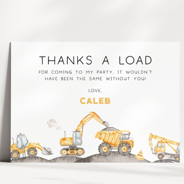 Construction Thank You Card, Editable Template, Construction Trucks Birthday Thank You Note, Truck Party Favors Card, Digital Download