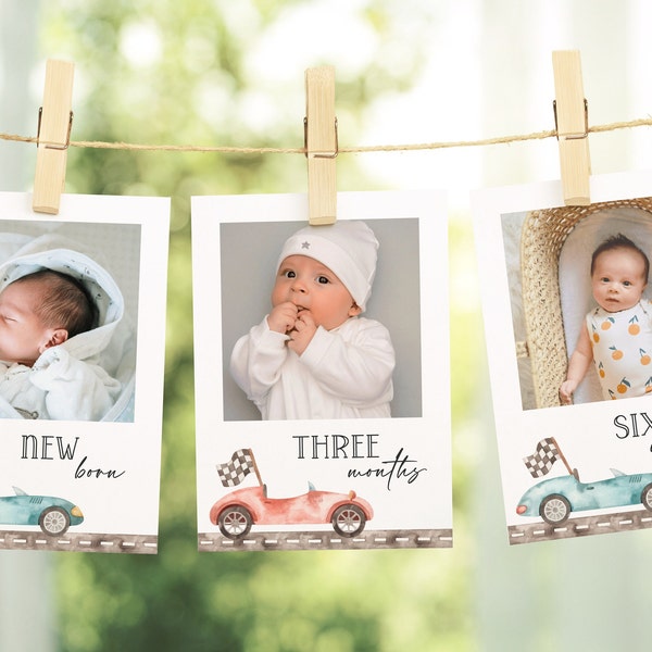 Racing Birthday Photo Banner, Editable 12 Months Car B'day Banner, Fast One Red & Blue Vintage Car Party Photo Milestone, Digital Download