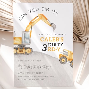 Editable Dirty 3RD-Y Construction Birthday Invitation, Construction Trucks 3rd B'day Party Invite, Can You Dig It B'day, Digital Download