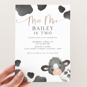 Moo Moo I&#39;m TWO Birthday Invitation, Editable Template, Cow 2nd Birthday, Gender Neutral Baby Cow B&#39;day Party Invite, Digital Download
