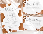 Holy Cow We're Having A Baby Invitation, Editable Brown Cow Themed Baby Shower Invite, Books For Baby & Diaper Raffle Set, Digital Download