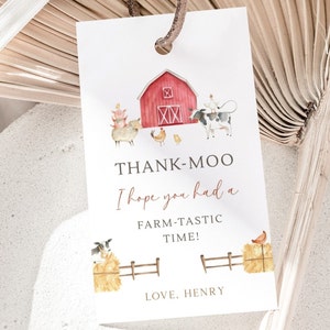 Editable Red Barn Thank You Tag, Farm Birthday Party Gift Tag, Thank Moo Barnyard B'day Party Label, Red Barn Animals Tag, Digital Download