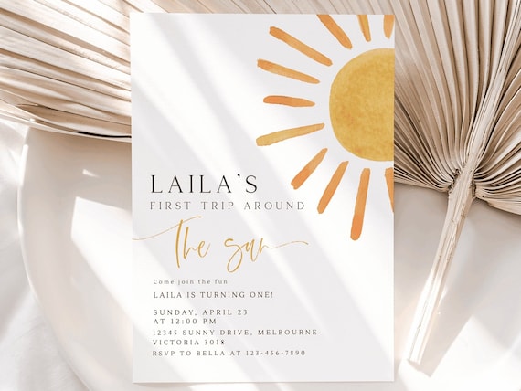 First Trip Around The Sun Birthday Invitation, Editable Template, Sun 1st Birthday Party, Minimalist Sunshine B'day Invite, Digital Download